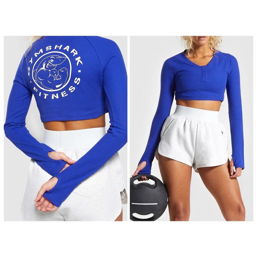 Gymshark Legacy Fitness Long Sleeve Crop Top Henley Cobalt Blue White